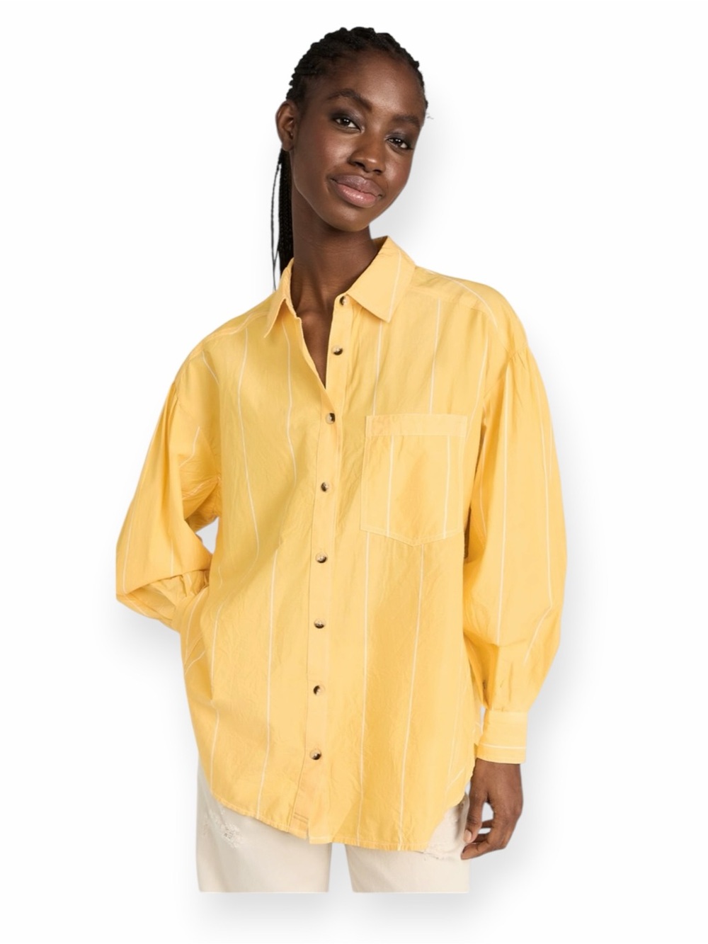 Free People Happy Hour Stripe Top in Butter Yellow Button up Size small